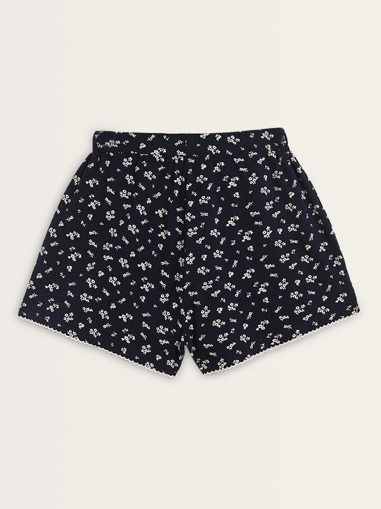 Superstar Navy Floral Printed High-Rise Cotton Blend Shorts