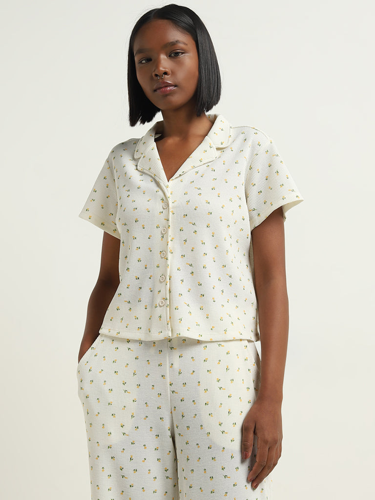 Superstar Ivory Floral Design Waffle-Textured Shirt