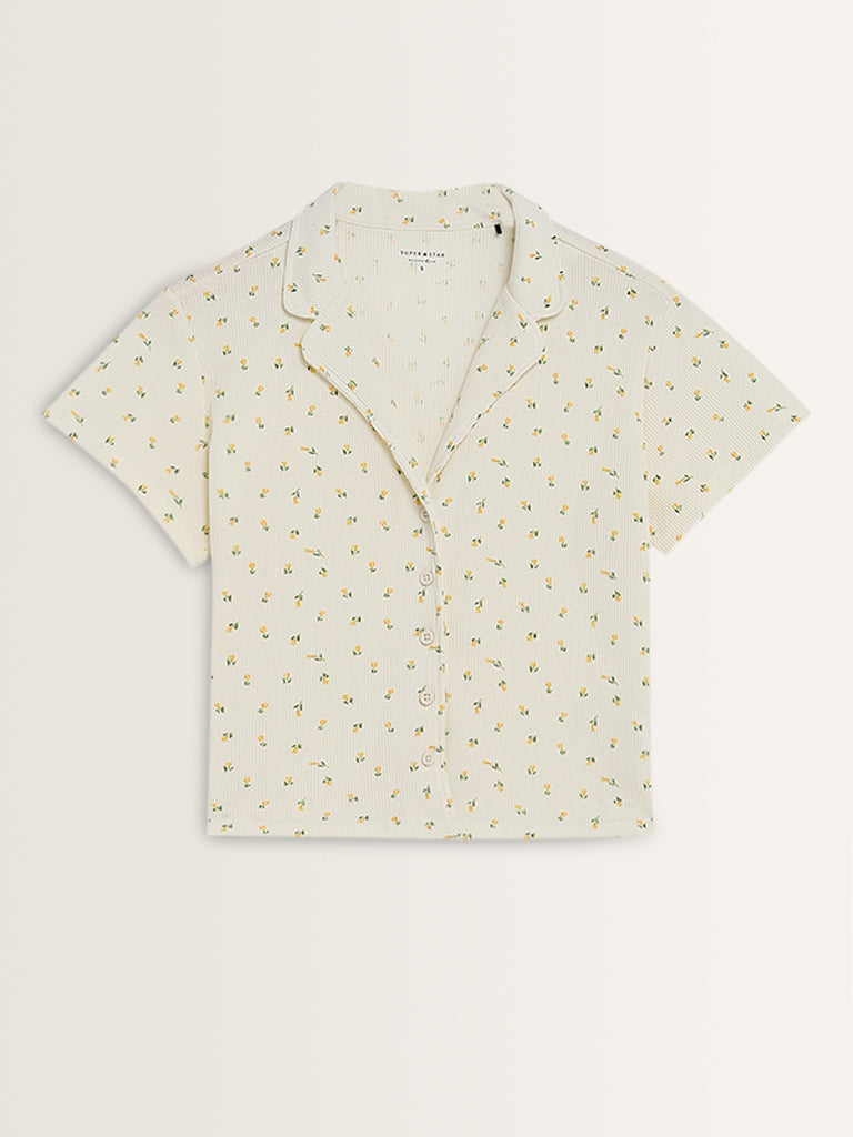 Superstar Ivory Floral Design Waffle-Textured Shirt