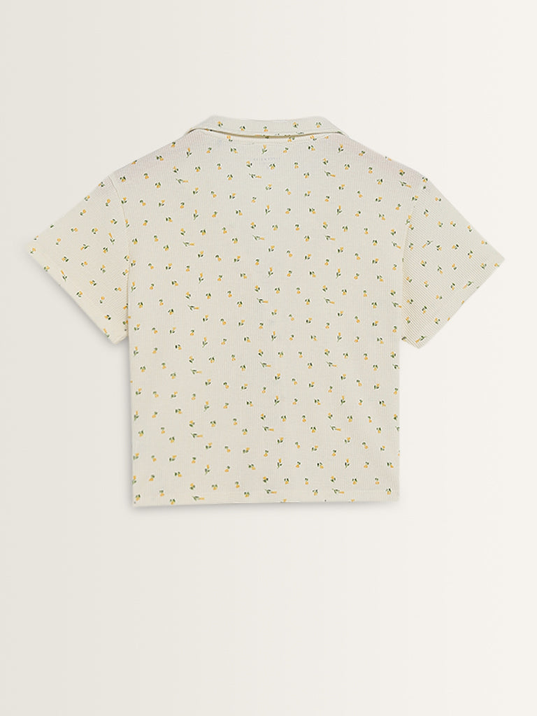 Superstar Ivory Floral Design Waffle-Textured Shirt