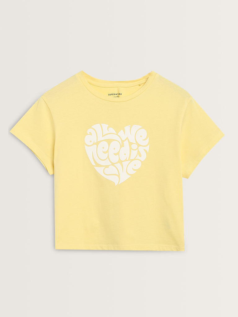 Superstar Yellow Text Printed Cotton T-Shirt