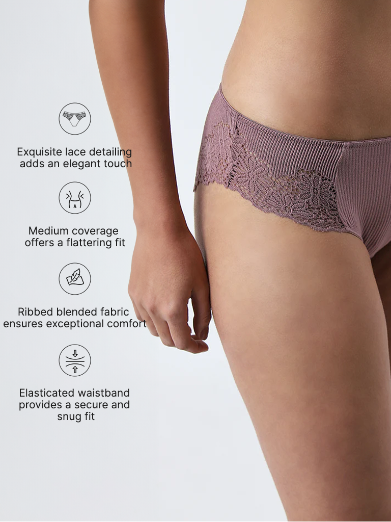 Wunderlove Mauve Floral Lace Design Ribbed Brief