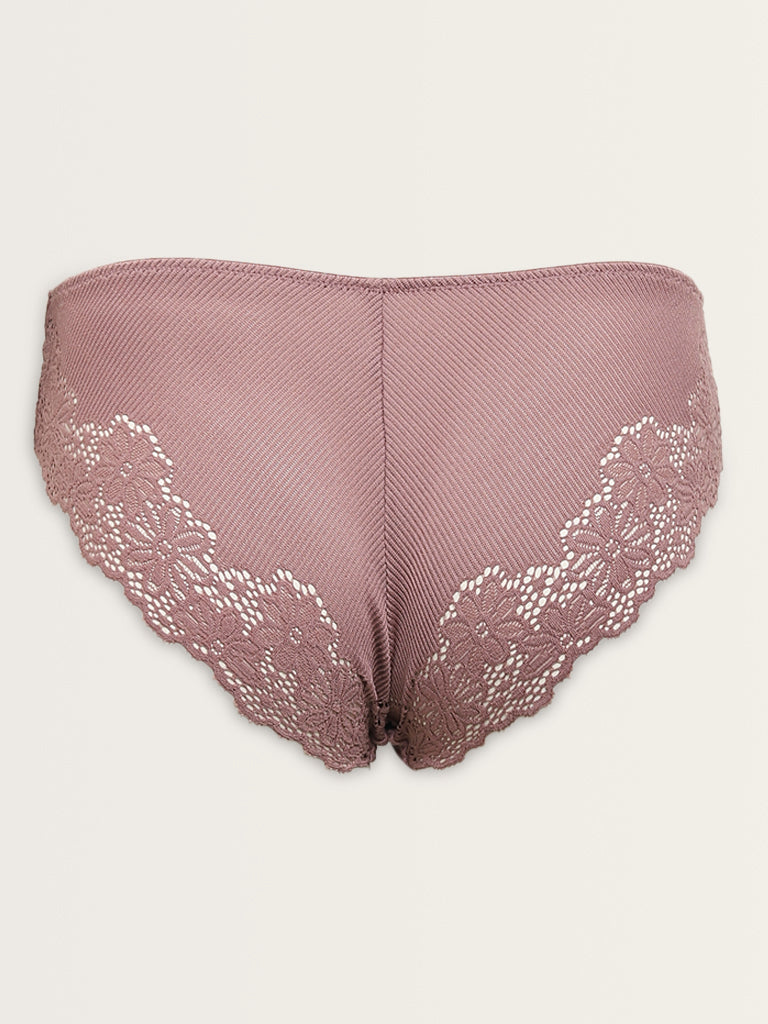 Wunderlove Mauve Floral Lace Design Ribbed Brief