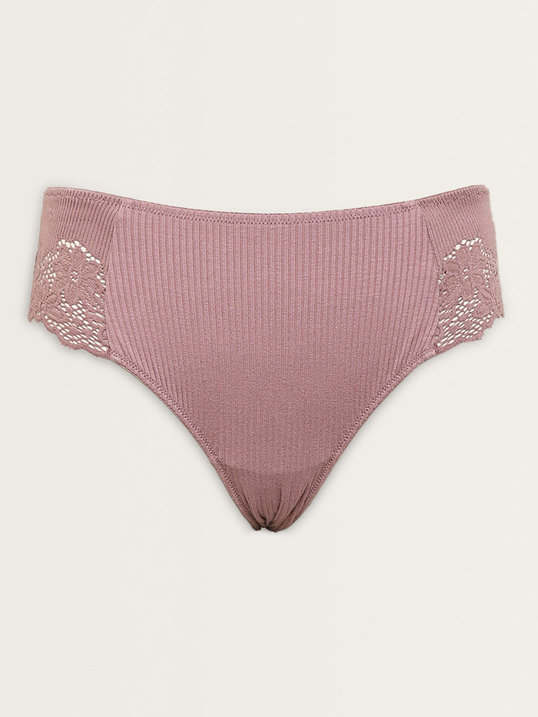 Wunderlove Mauve Floral Lace Design Ribbed Brief