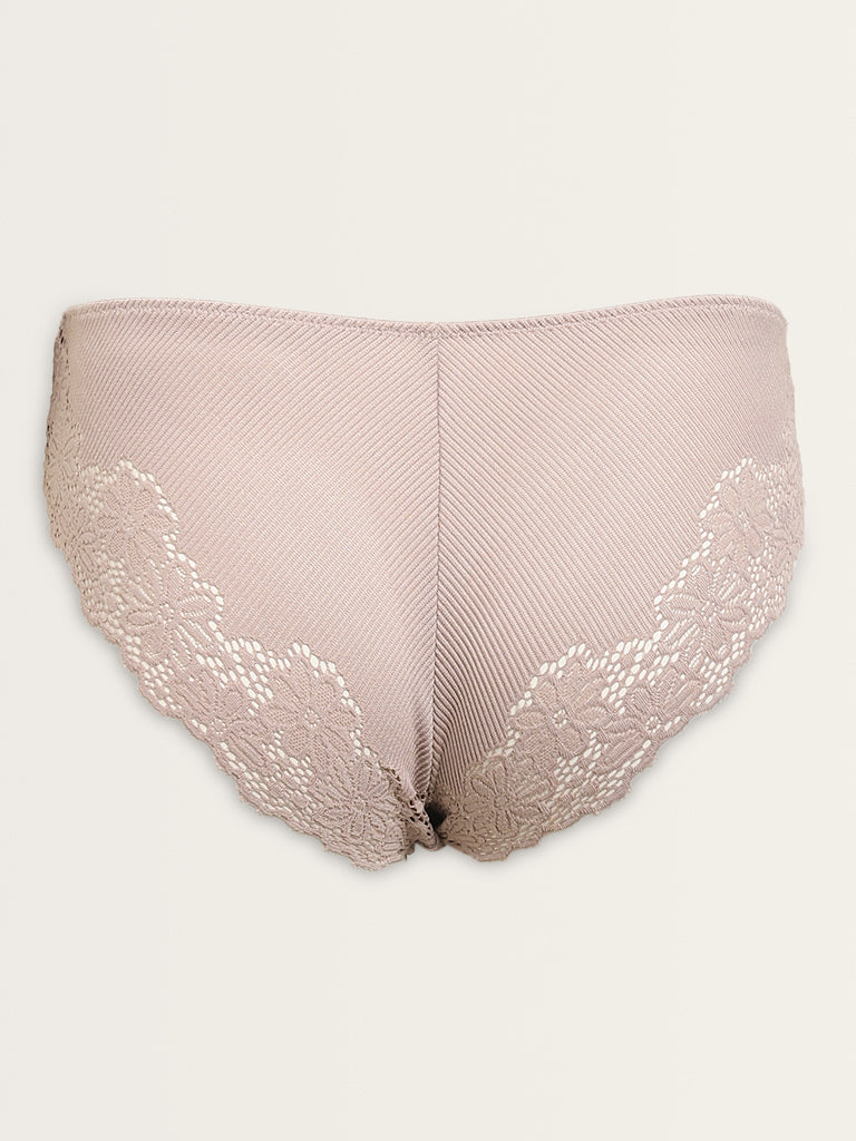 Wunderlove Taupe Floral Lace Design Ribbed Brief