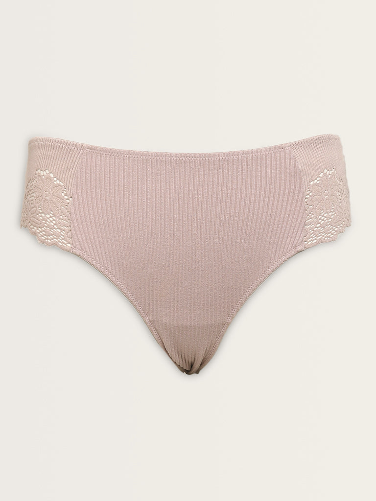 Wunderlove Taupe Floral Lace Design Ribbed Brief