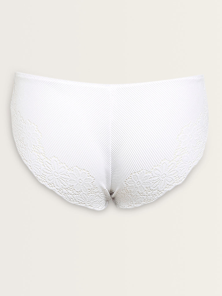 Wunderlove White Floral Lace Design Ribbed Brief