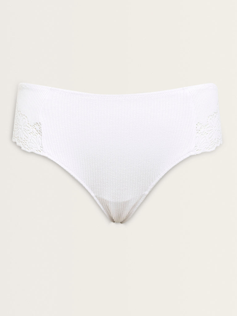 Wunderlove White Floral Lace Design Ribbed Brief