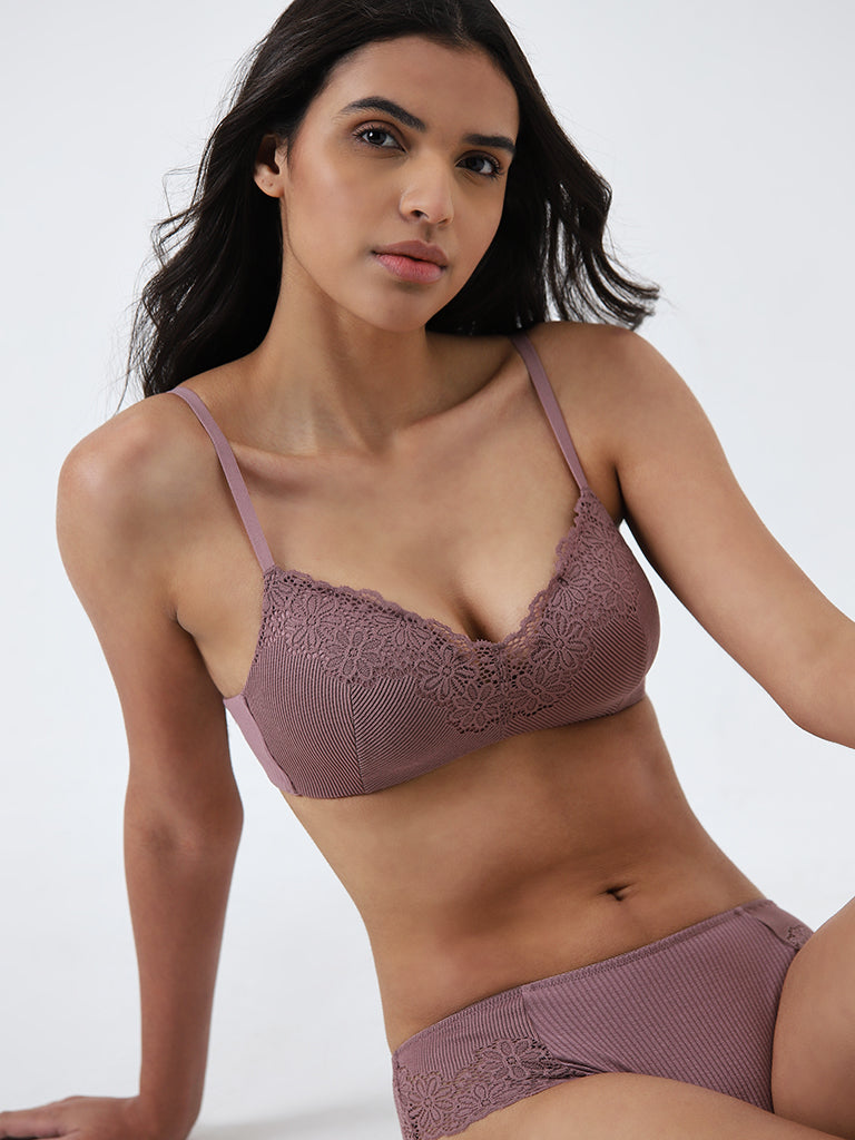 Wunderlove Mauve Floral Lace Design Ribbed Padded Bra