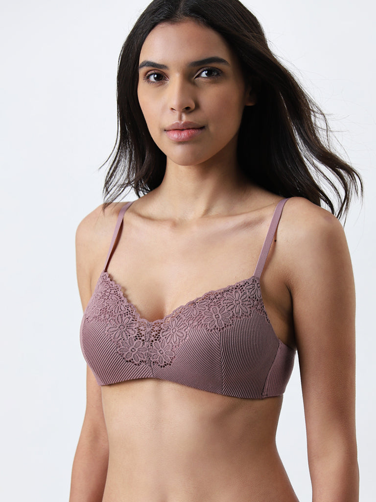 Wunderlove Mauve Floral Lace Design Ribbed Padded Bra