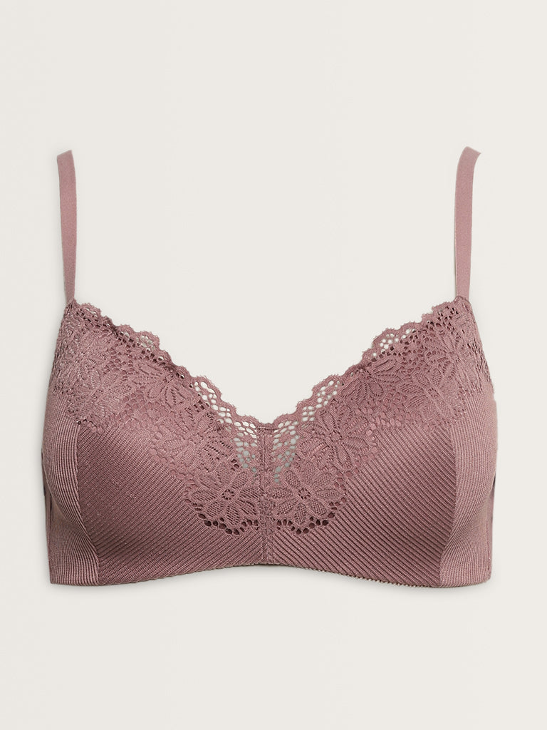 Wunderlove Mauve Floral Lace Design Ribbed Padded Bra