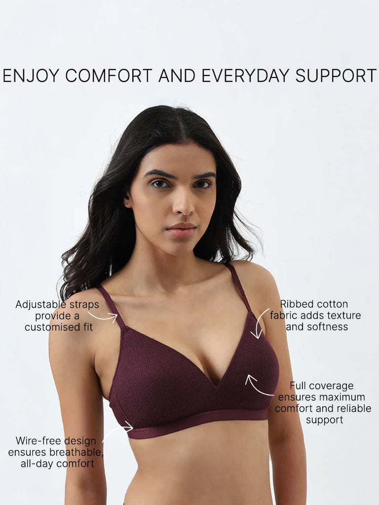 Wunderlove Purple Cotton Ribbed Bra