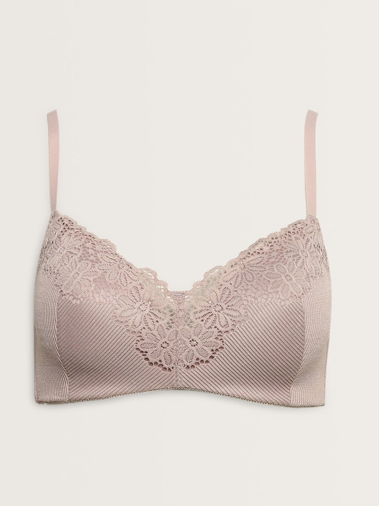 Wunderlove Taupe Floral Lace Design Ribbed Padded Bra