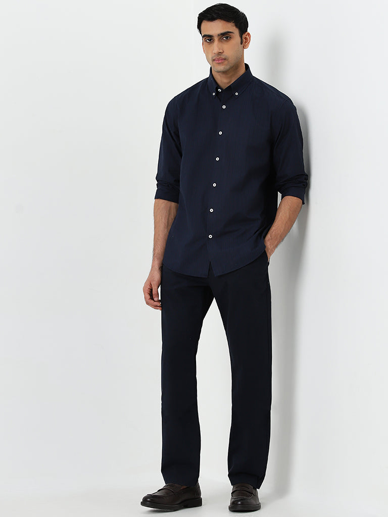 Ascot Navy Self-Striped Relaxed-Fit Linen Shirt