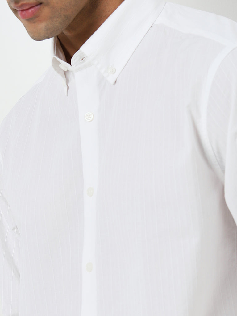 Ascot White Textured Stripes Relaxed-Fit Cotton Shirt