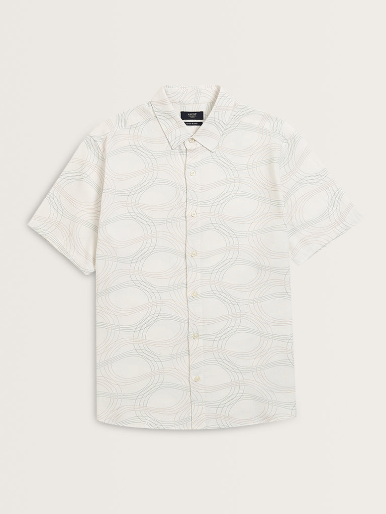 Ascot Off-White Abstract Relaxed-Fit Blended Linen Shirt