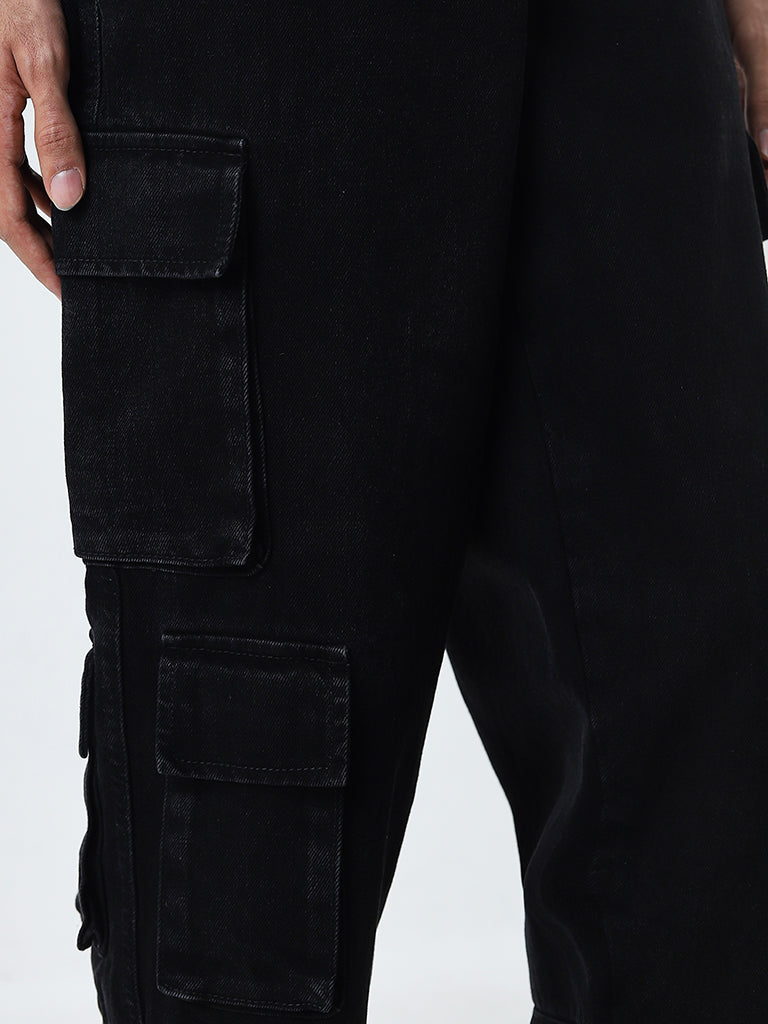 Nuon Black Cargo-Style Relaxed-Fit Mid-Rise Jeans