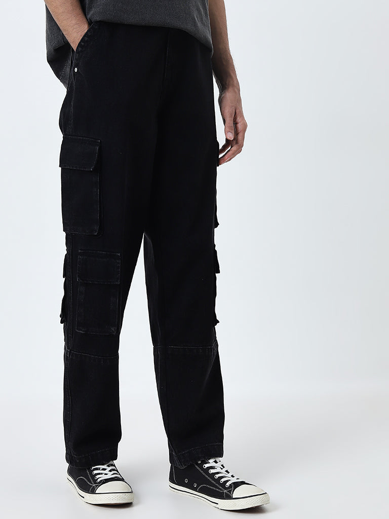 Nuon Black Cargo-Style Relaxed-Fit Mid-Rise Jeans