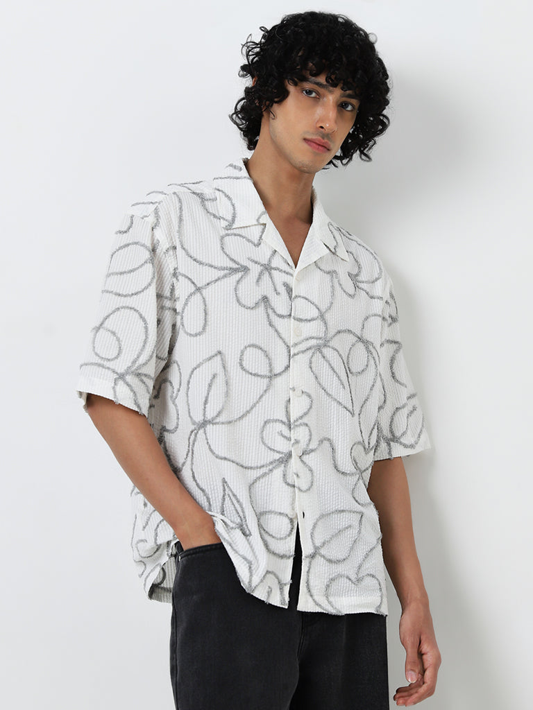 Nuon White Botanical Design Relaxed-Fit Cotton Shirt