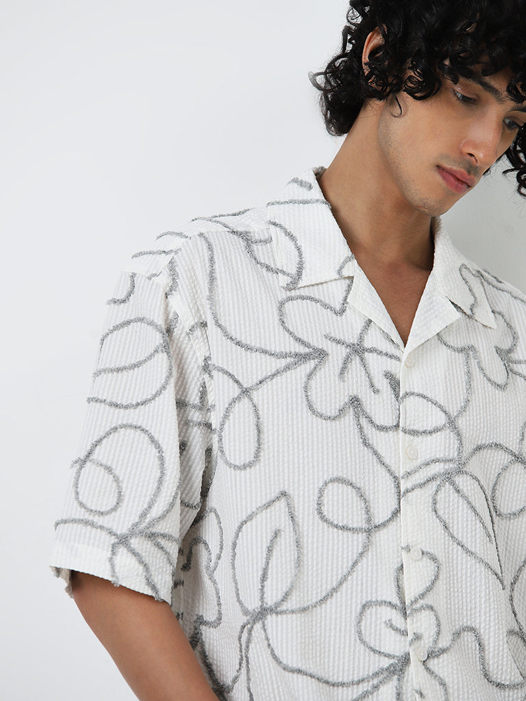 Nuon White Botanical Design Relaxed-Fit Cotton Shirt