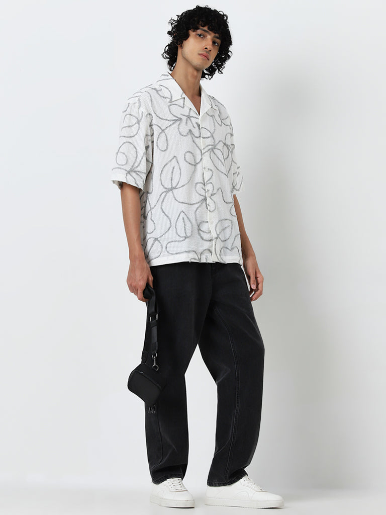 Nuon White Botanical Design Relaxed-Fit Cotton Shirt