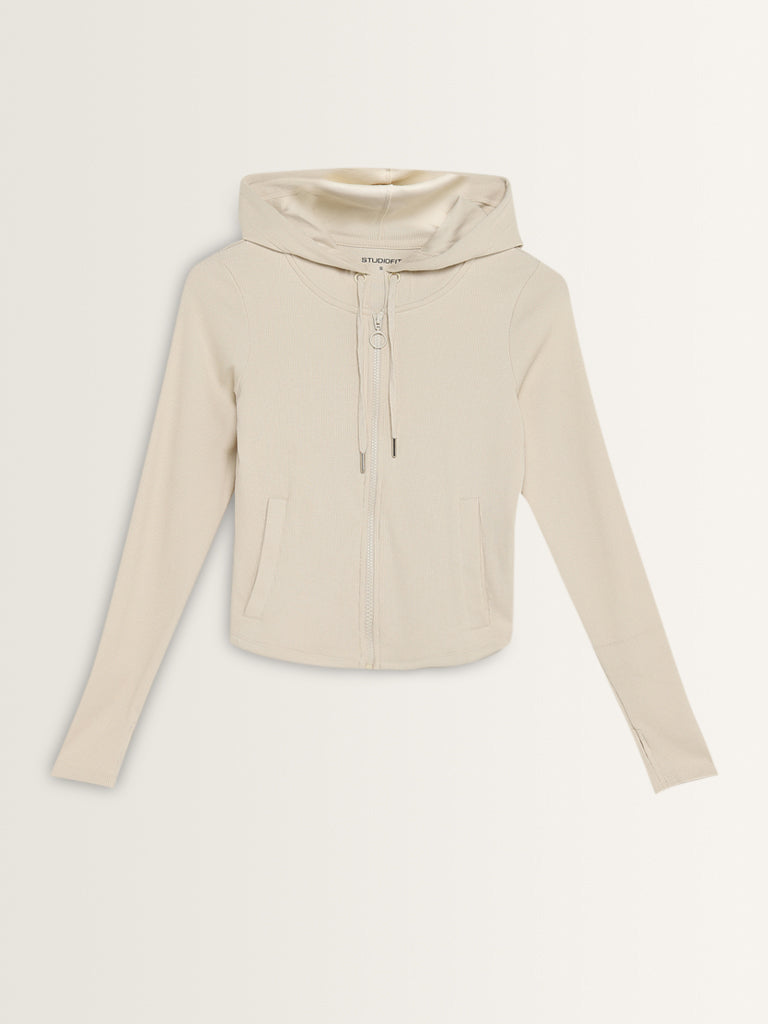 Studiofit Off-White Ribbed Cotton Blend Hooded Jacket