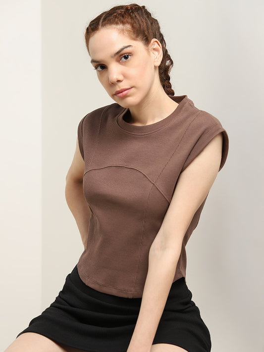 Studiofit Brown Seam-Detailed Ribbed Cotton Blend T-Shirt