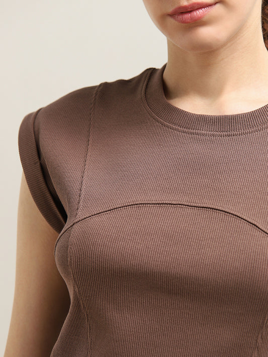Studiofit Brown Seam-Detailed Ribbed Cotton Blend T-Shirt