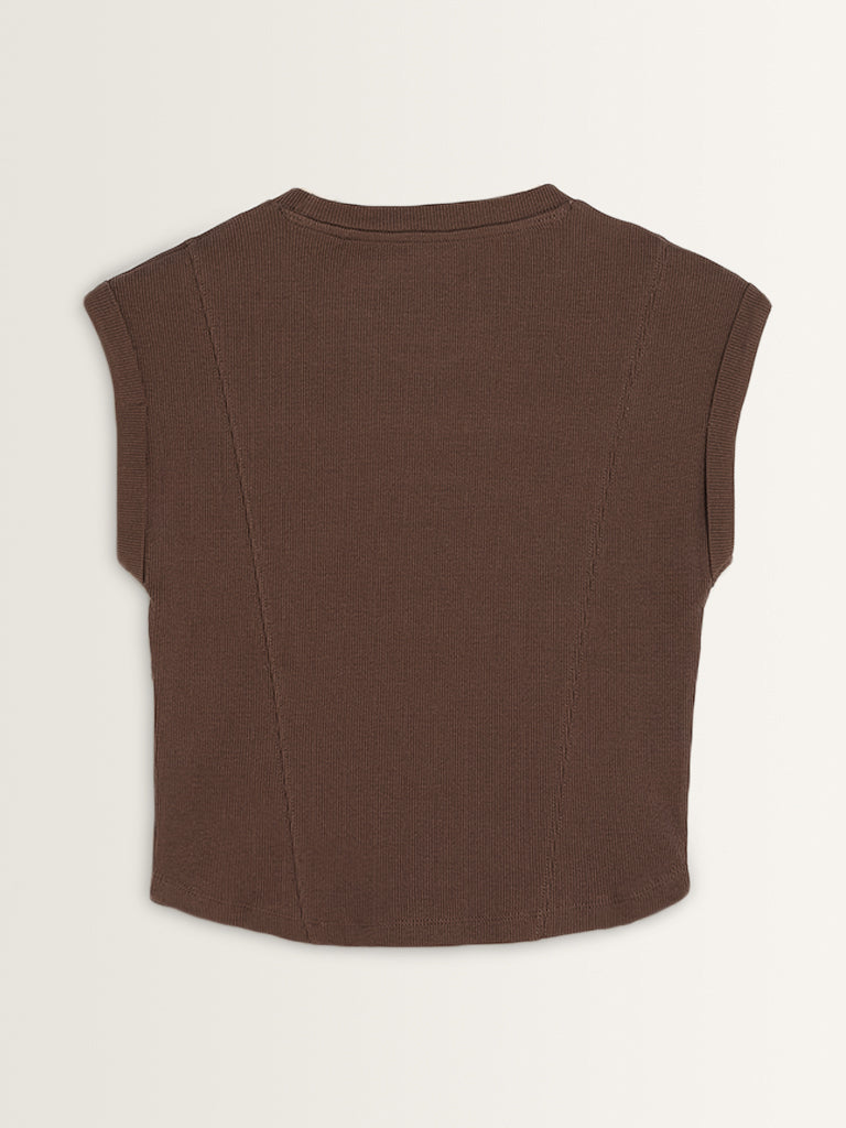 Studiofit Brown Seam-Detailed Ribbed Cotton Blend T-Shirt