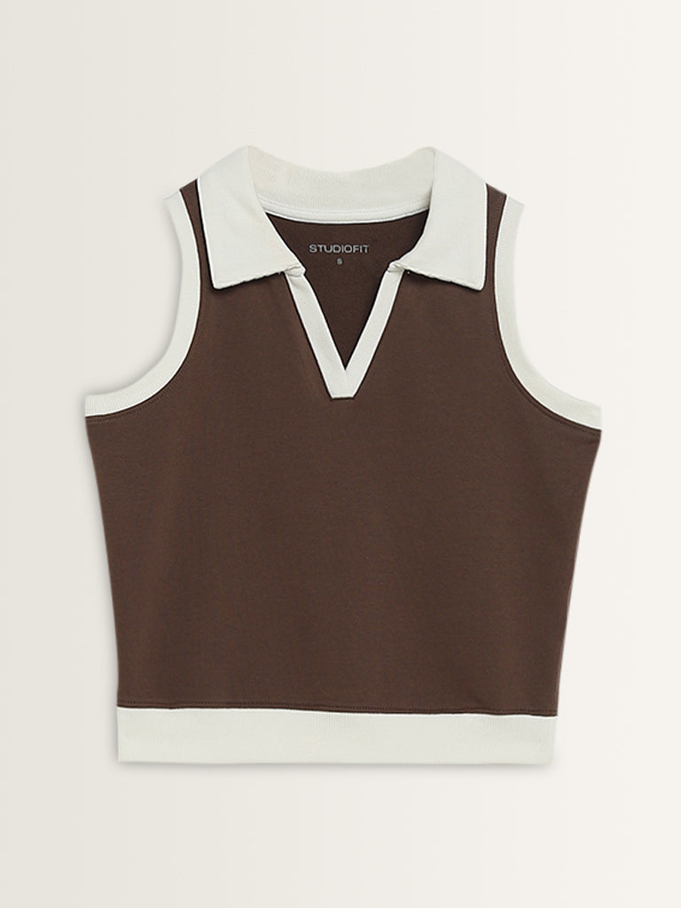 Studiofit Brown Collared Cotton Blend T-Shirt