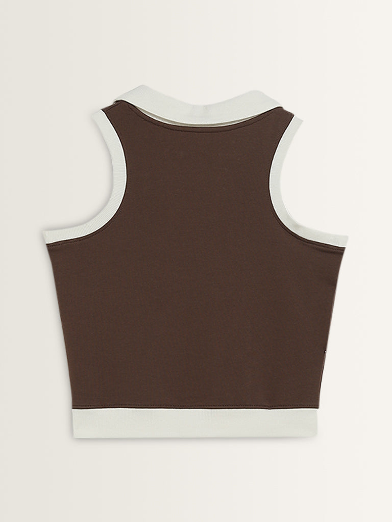 Studiofit Brown Collared Cotton Blend T-Shirt