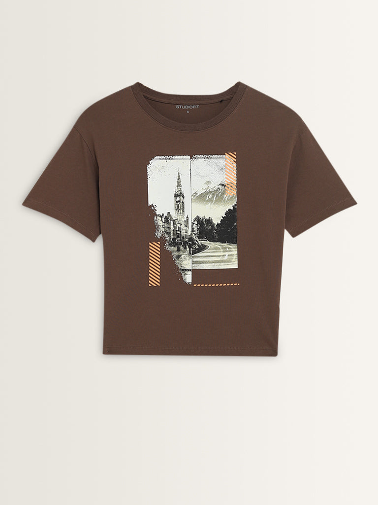 Studiofit Dark Brown Cityscape Design Cotton Blend T-Shirt