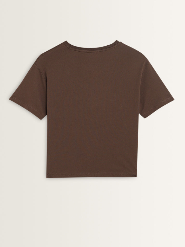 Studiofit Dark Brown Cityscape Design Cotton Blend T-Shirt