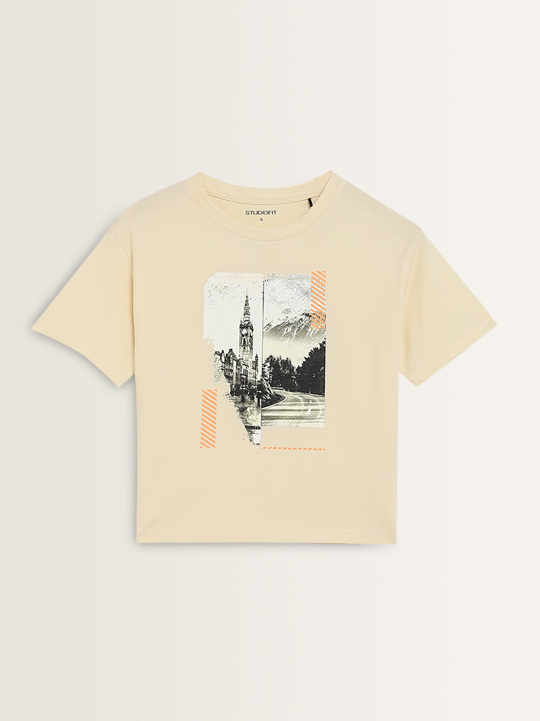 Studiofit Light Beige Cityscape Design Cotton T-Shirt