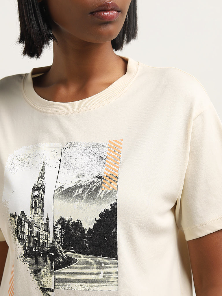 Studiofit Light Beige Cityscape Design Cotton T-Shirt