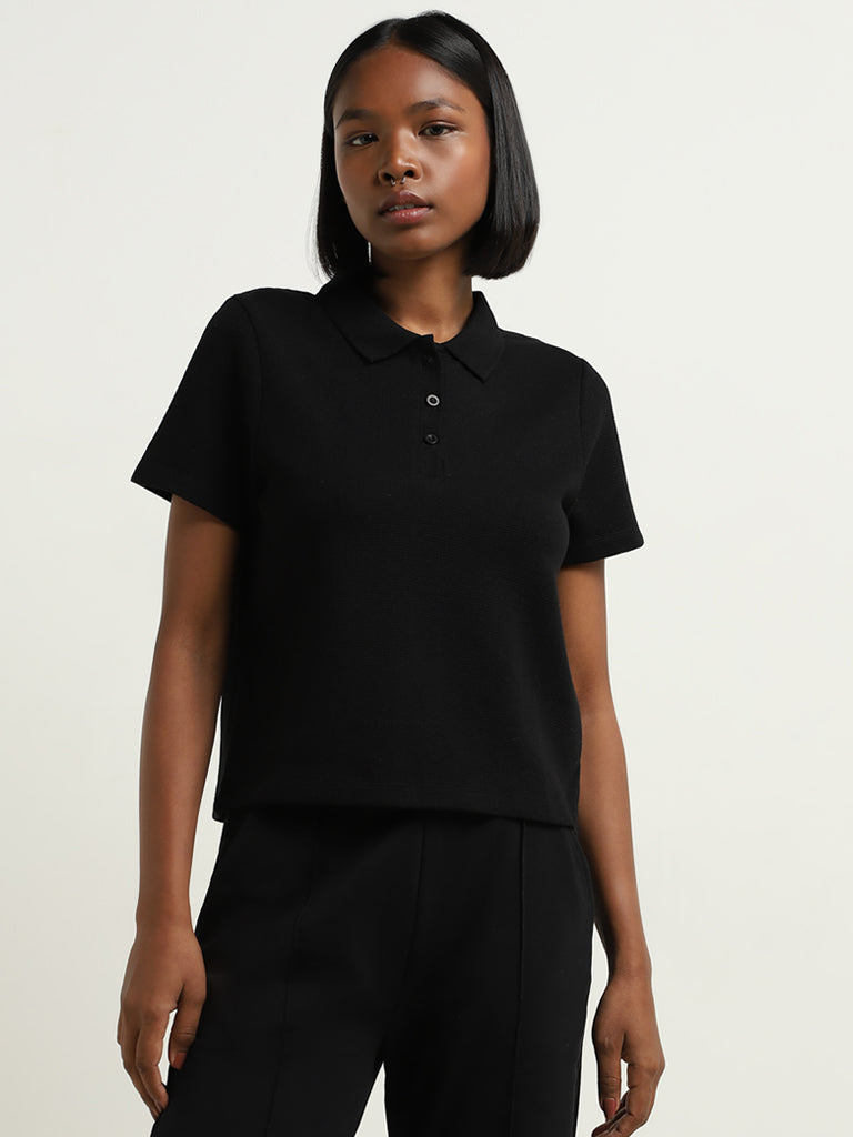 Studiofit Black Waffle-Textured Cotton Polo T-Shirt