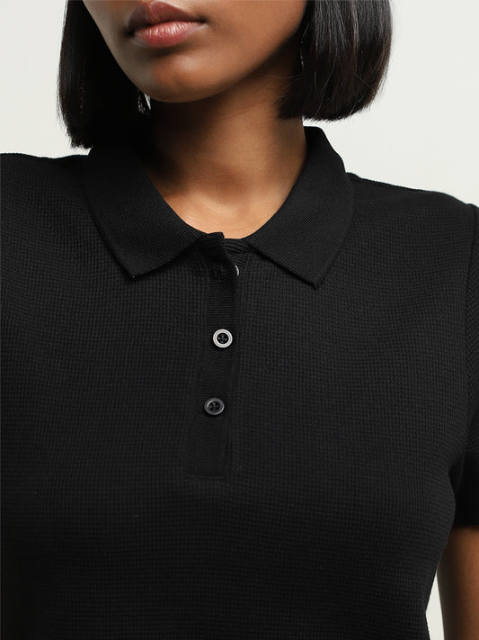 Studiofit Black Waffle-Textured Cotton Polo T-Shirt
