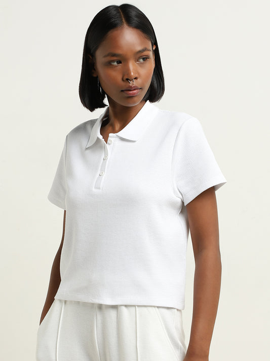 Studiofit White Waffle-Textured Cotton Polo T-Shirt