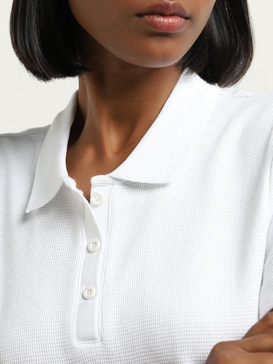 Studiofit White Waffle-Textured Cotton Polo T-Shirt