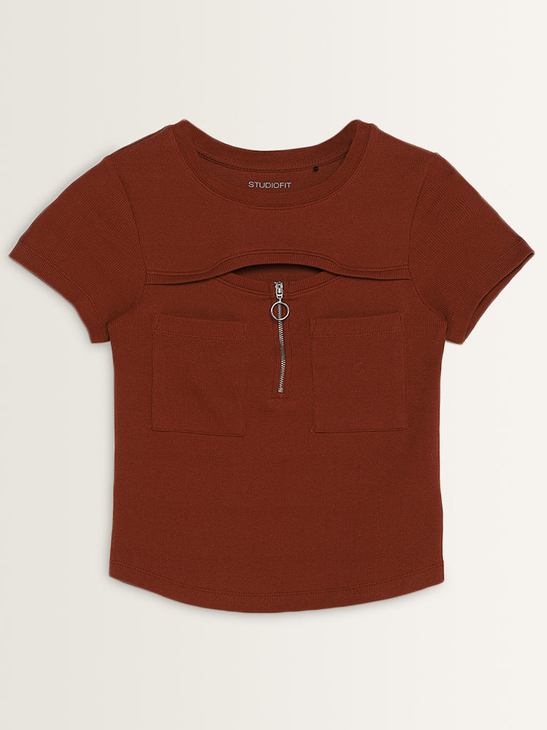 Studiofit Rust Ribbed Textured Cut-Out Cotton Blend Top