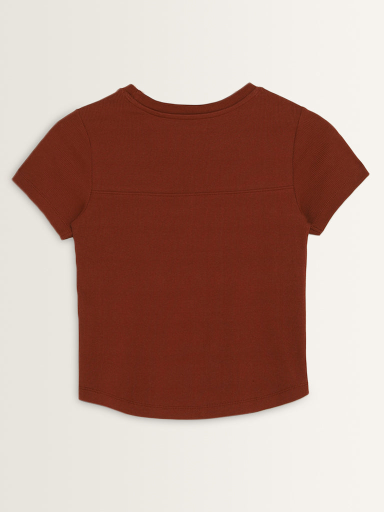 Studiofit Rust Ribbed Textured Cut-Out Cotton Blend Top