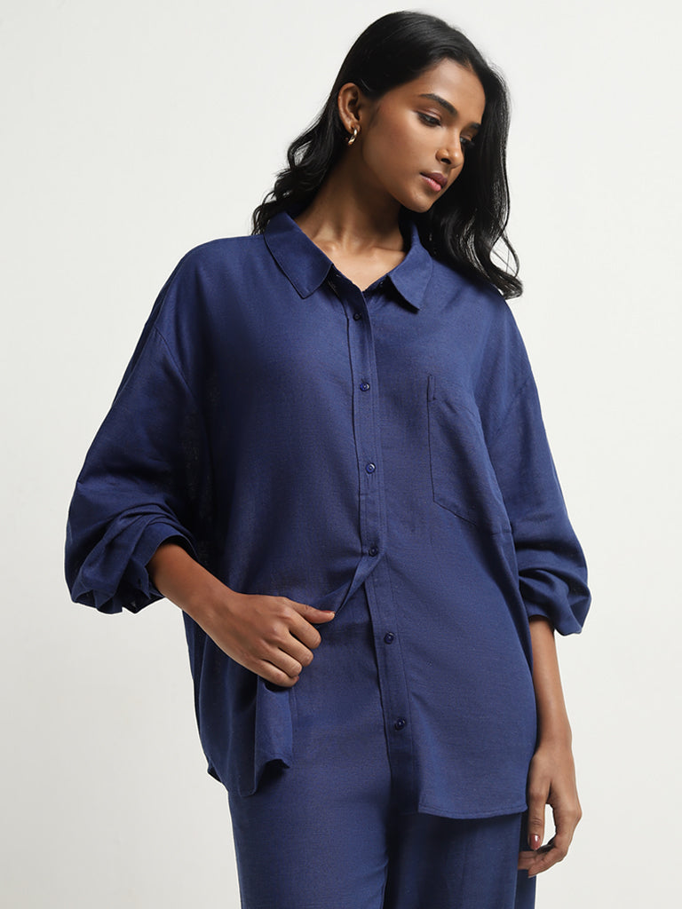 LOV Indigo Solid Blended Linen Shirt