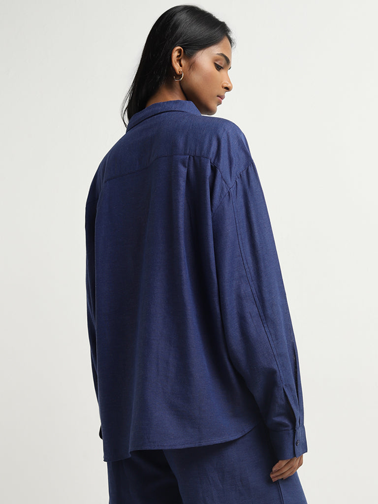 LOV Indigo Solid Blended Linen Shirt