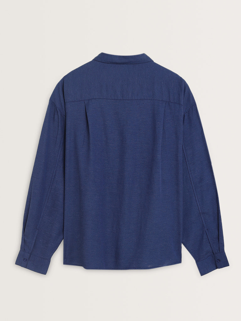 LOV Indigo Solid Blended Linen Shirt