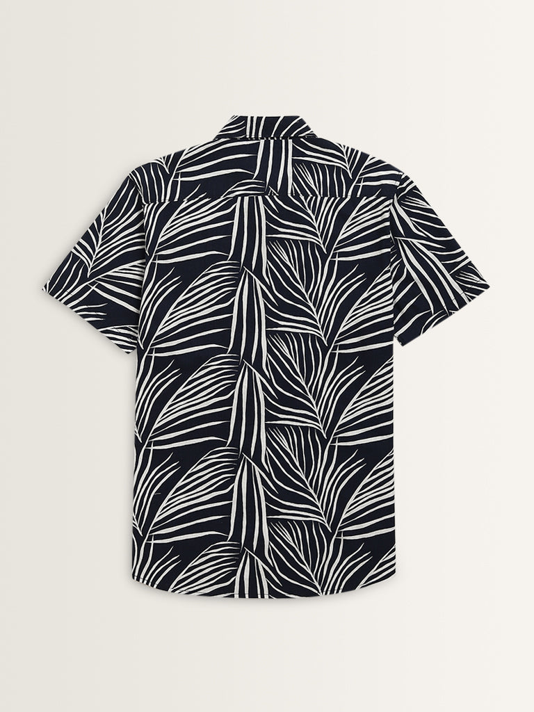 WES Casuals Navy Leaf Design Slim-Fit Cotton Shirt