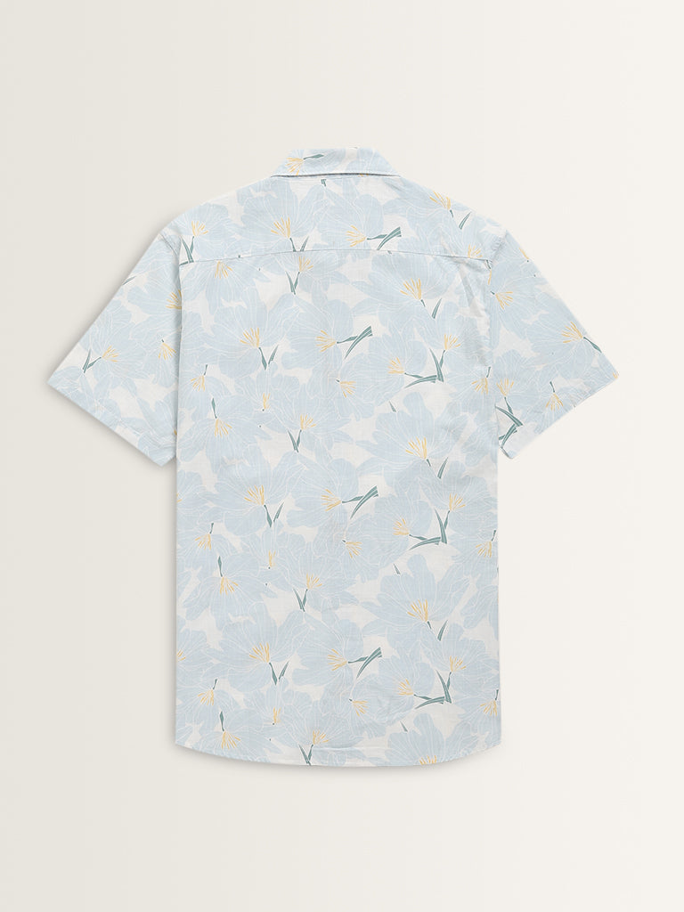 WES Casuals Light Blue Floral Printed Slim-Fit Cotton Shirt