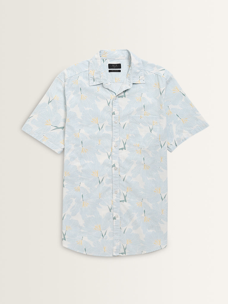 WES Casuals Light Blue Floral Printed Slim-Fit Cotton Shirt