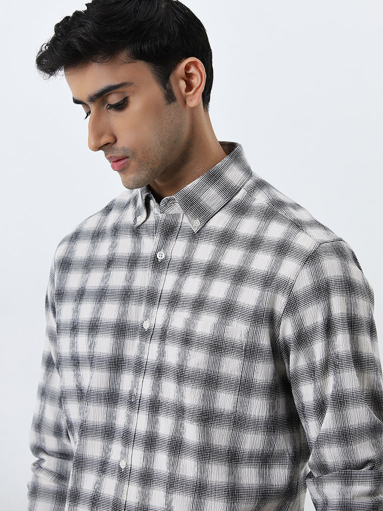 WES Casuals Black Checkered Relaxed-Fit Cotton Blend Shirt