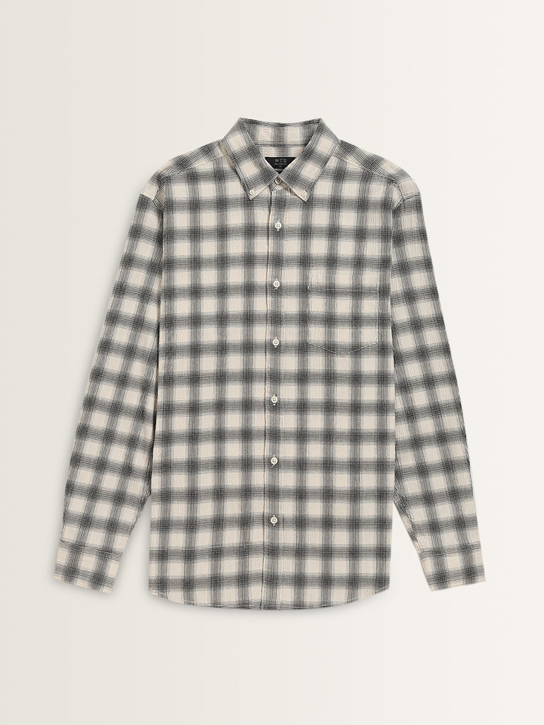 WES Casuals Black Checkered Relaxed-Fit Cotton Blend Shirt