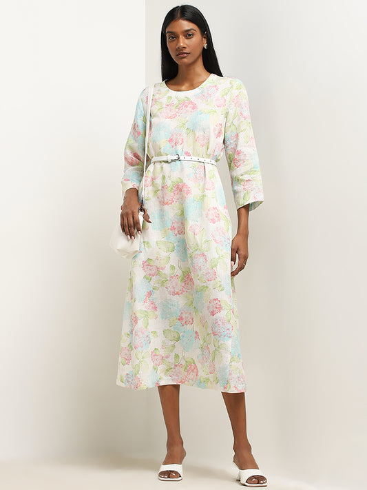 Zuba Multicolour Floral Printed A-Line Linen Dress
